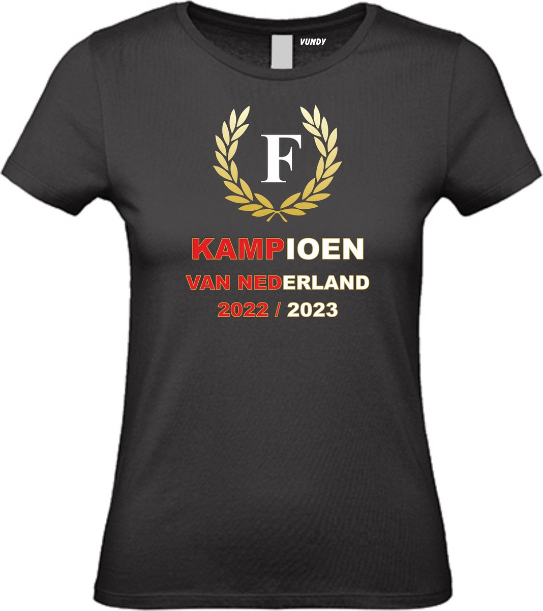 Dames T-shirt Krans Kampioen 2022-2023 | Feyenoord Supporter | Shirt Kampioen | Kampioensshirt | Zwart | maat S